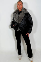 Black Bomber Jacket With Faux Fur Collar And Trim
