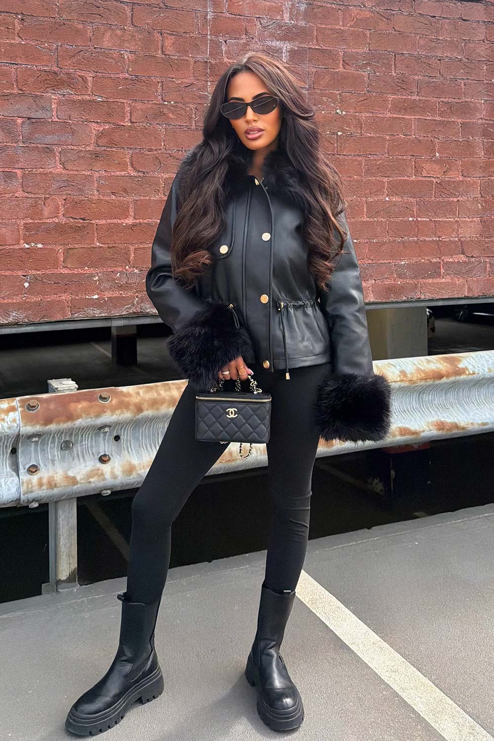 faux fur cuff faux fur collar leather lookjacket with adjustable drawstring waist winter outerwear trendy coats and jackets for womens styledup uk
