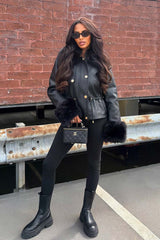 faux fur cuff faux fur collar leather lookjacket with adjustable drawstring waist winter outerwear trendy coats and jackets for womens styledup uk