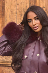 womens faux leather jacket with faux fur collar burgundy adjustable drawstring waist styledup uk