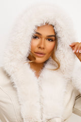 fur coat with hood and belt beige styledup