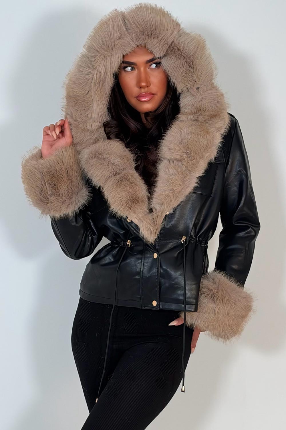 womens leather look jacket with fur cuff and collar styledup uk