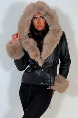 womens leather look jacket with fur cuff and collar styledup uk