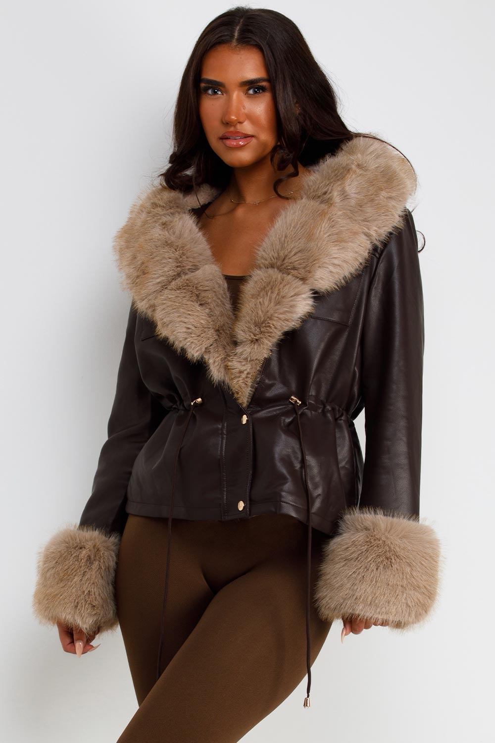 womens leather look jacket with fur cuff and collar styledup uk