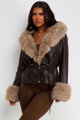 womens leather look jacket with fur cuff and collar styledup uk
