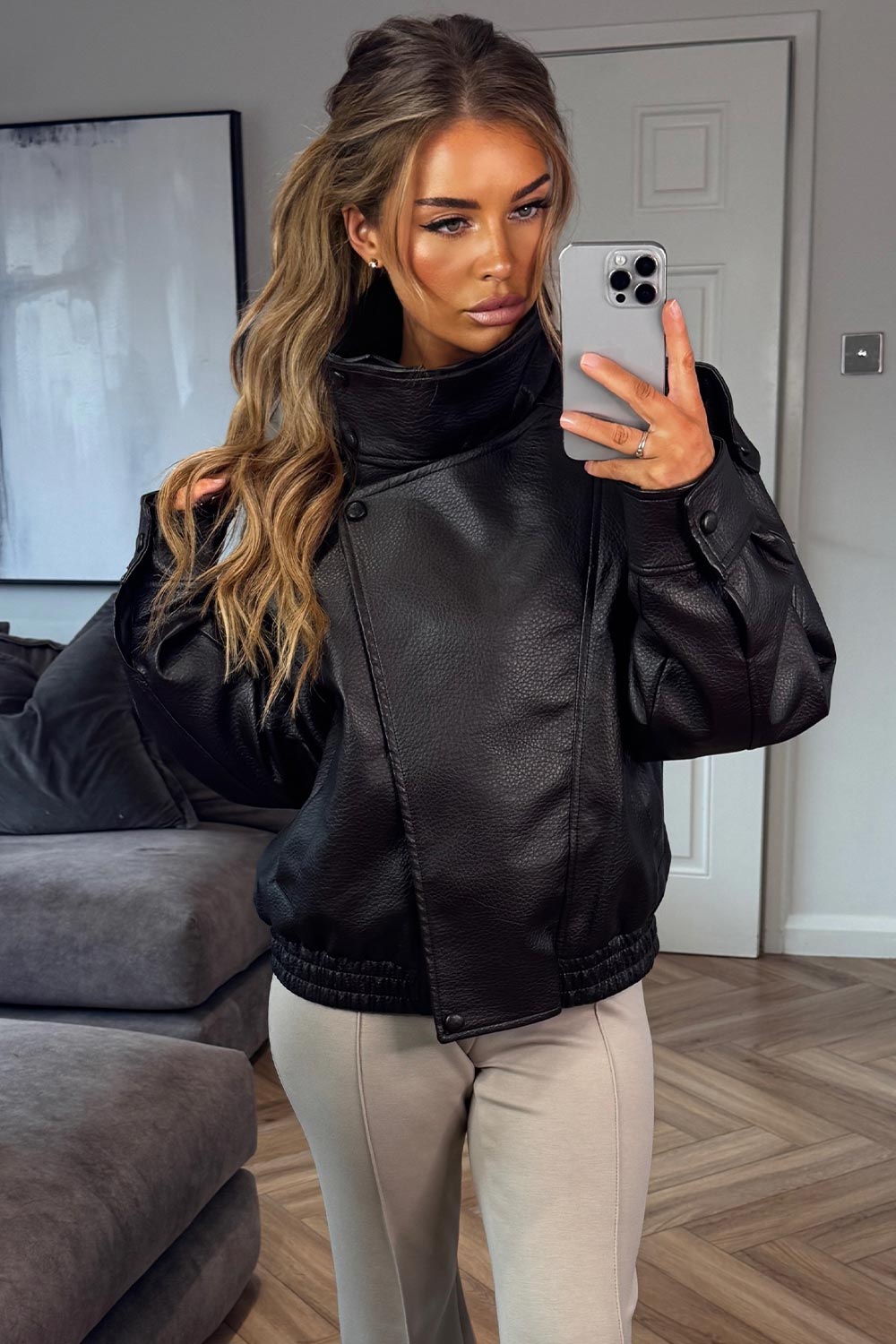 womens brown faux leather funnel neck jacket zara uk