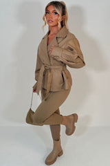 lapel collar faux leather winter jacket for womens with belt styledup uk