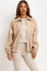 womens long sleeve vegan leather bomber jacket zara uk
