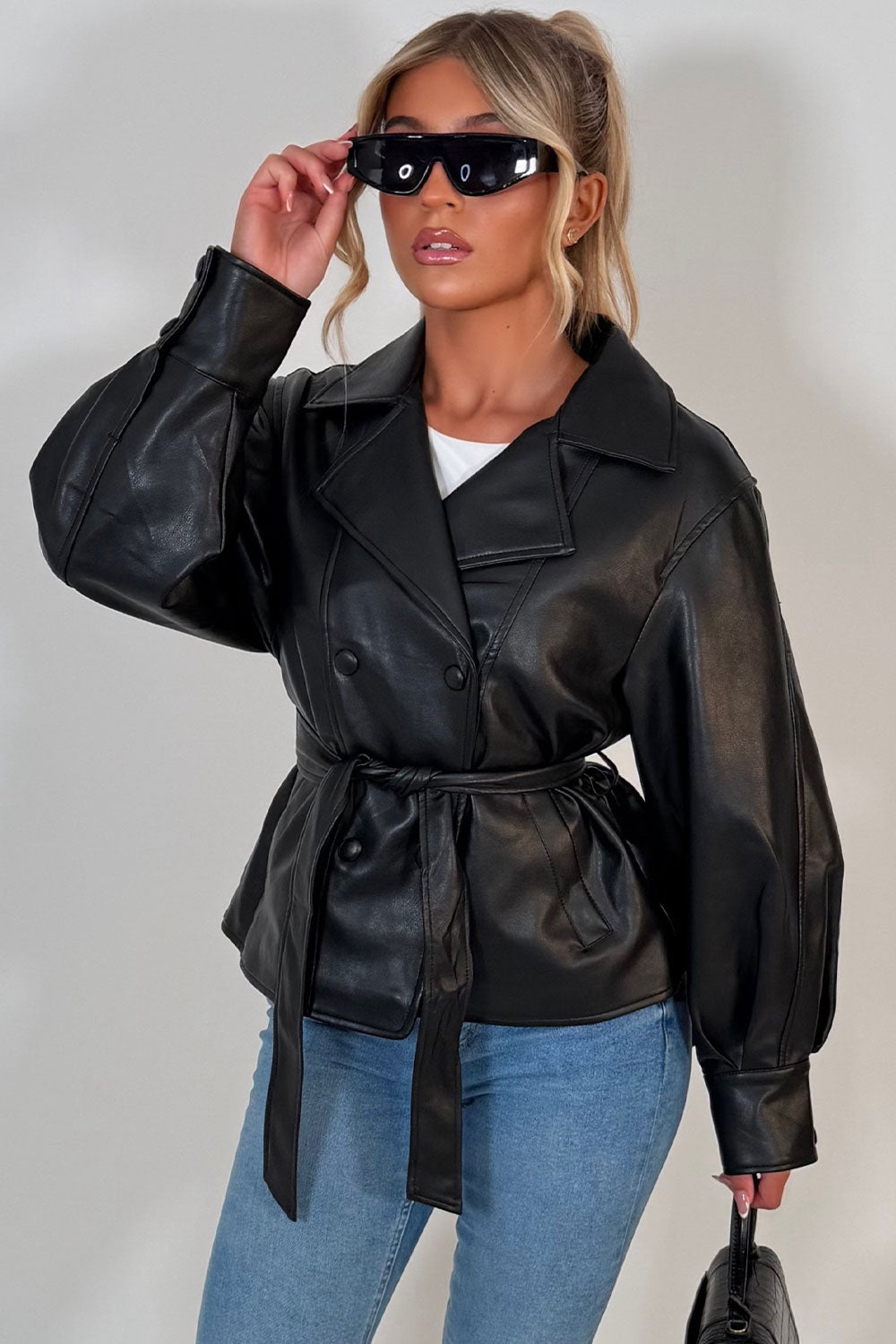 womens faux leather double breasted jacket with belt and lapel collars winter jacket styledup uk zara 