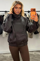 womens brown faux leather funnel neck zara jacket uk