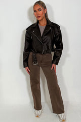 zara womens faux leather short jacket with collar styled up