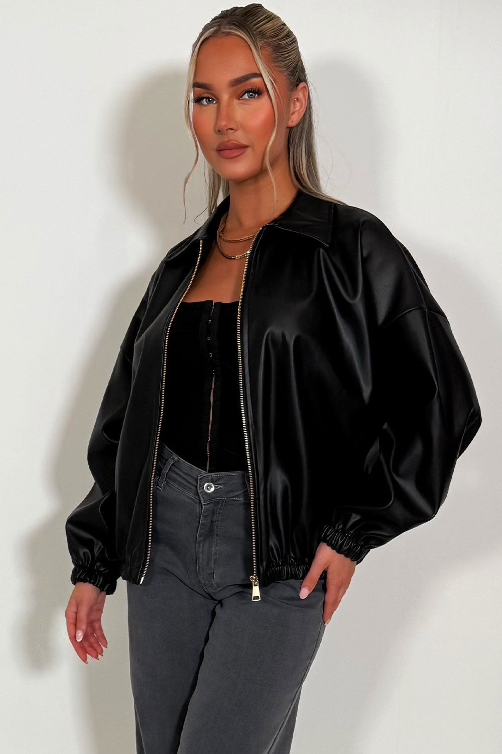 womens faux leather bomber jacket with collar and zip fastening zara uk
