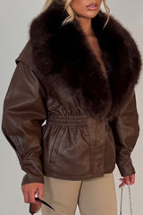 faux fur collar faux leather jacket with gathered waistline styledup uk
