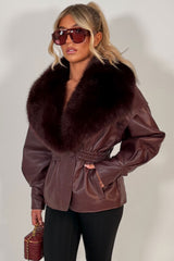 womens burgundy faux fur faux leather jacket uk
