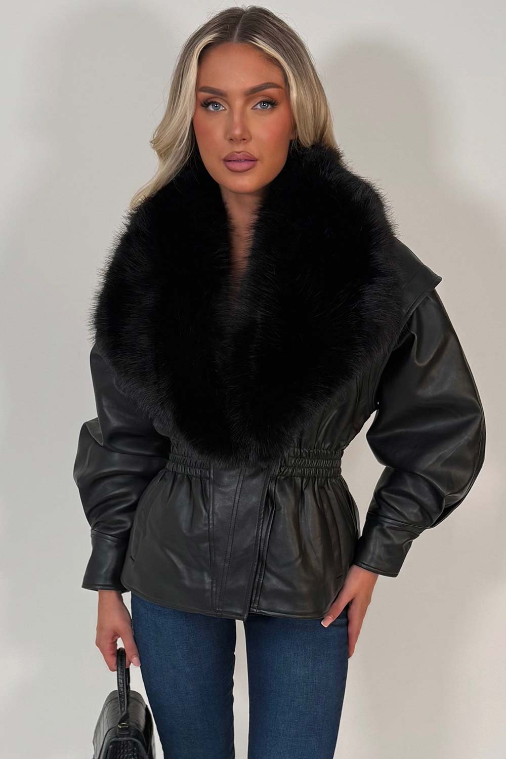 black leather effect jacket with fur collar womens styledup uk