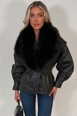 black leather effect jacket with fur collar womens styledup uk