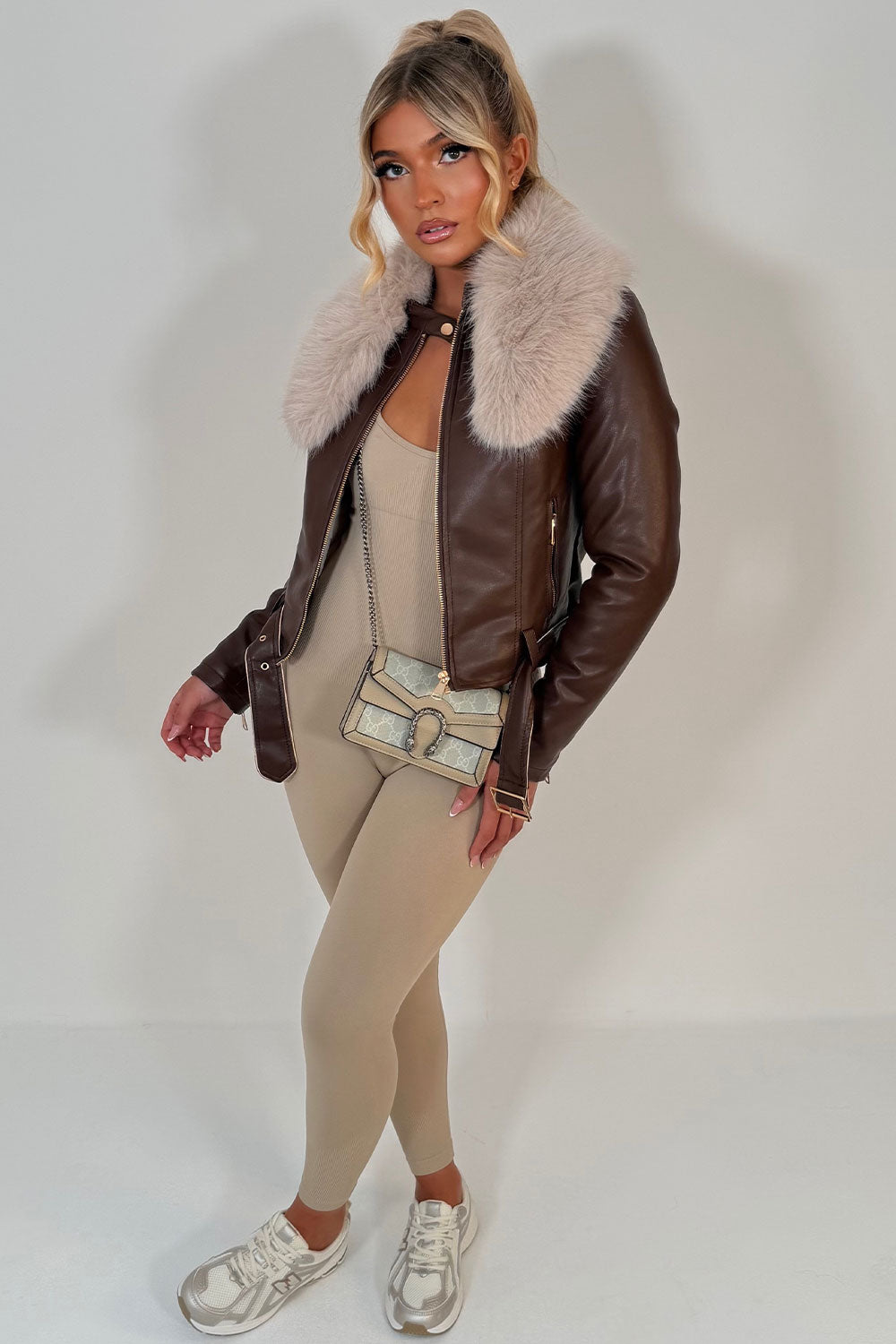 brown faux leather faux fur collar jacket for winter styledup uk