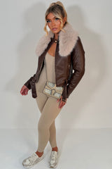 brown faux leather faux fur collar jacket for winter styledup uk