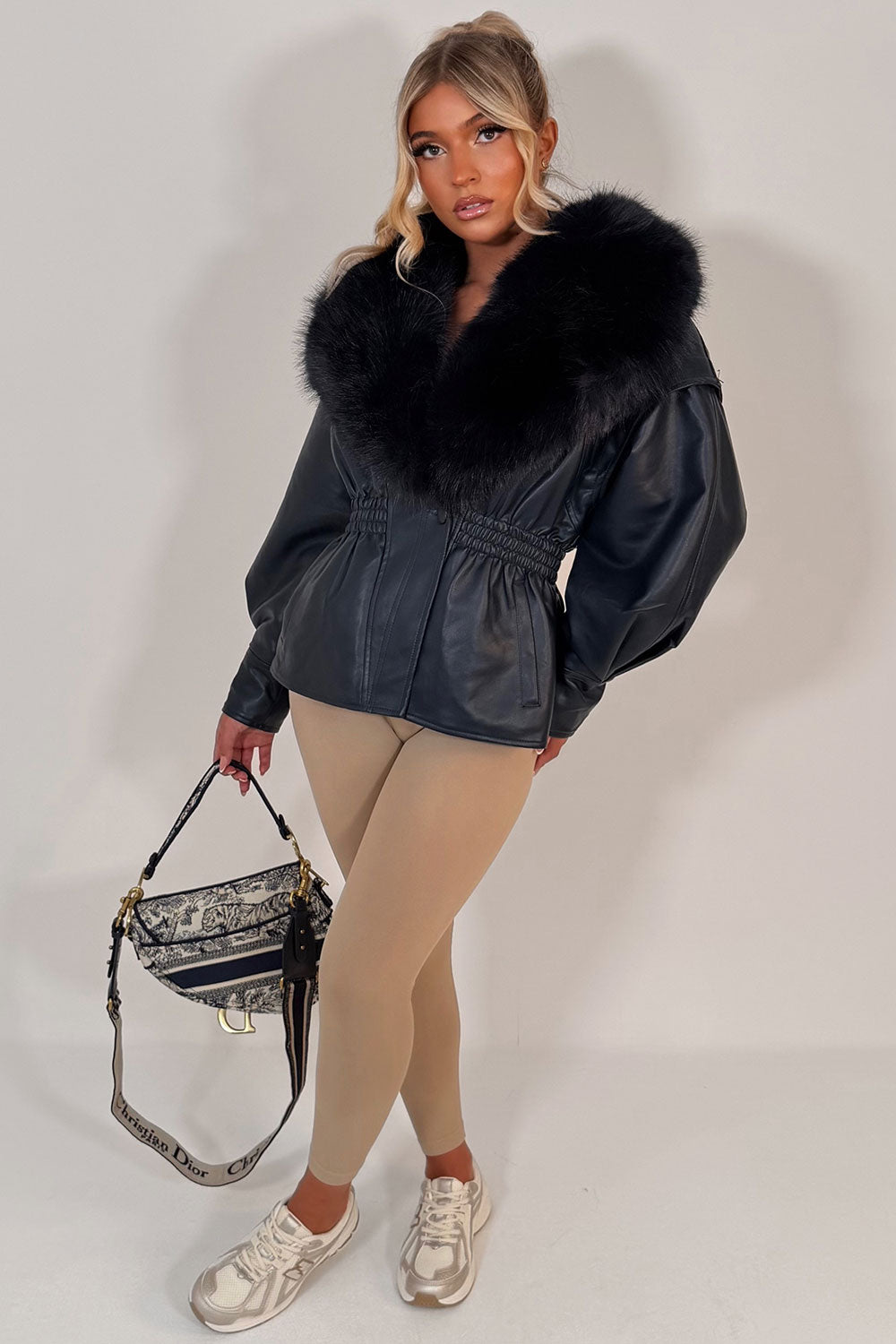 navy leather effect jacket with fur collar womens styledup uk