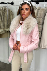 pink faux leather faux fur collar jacket for winter styledup uk