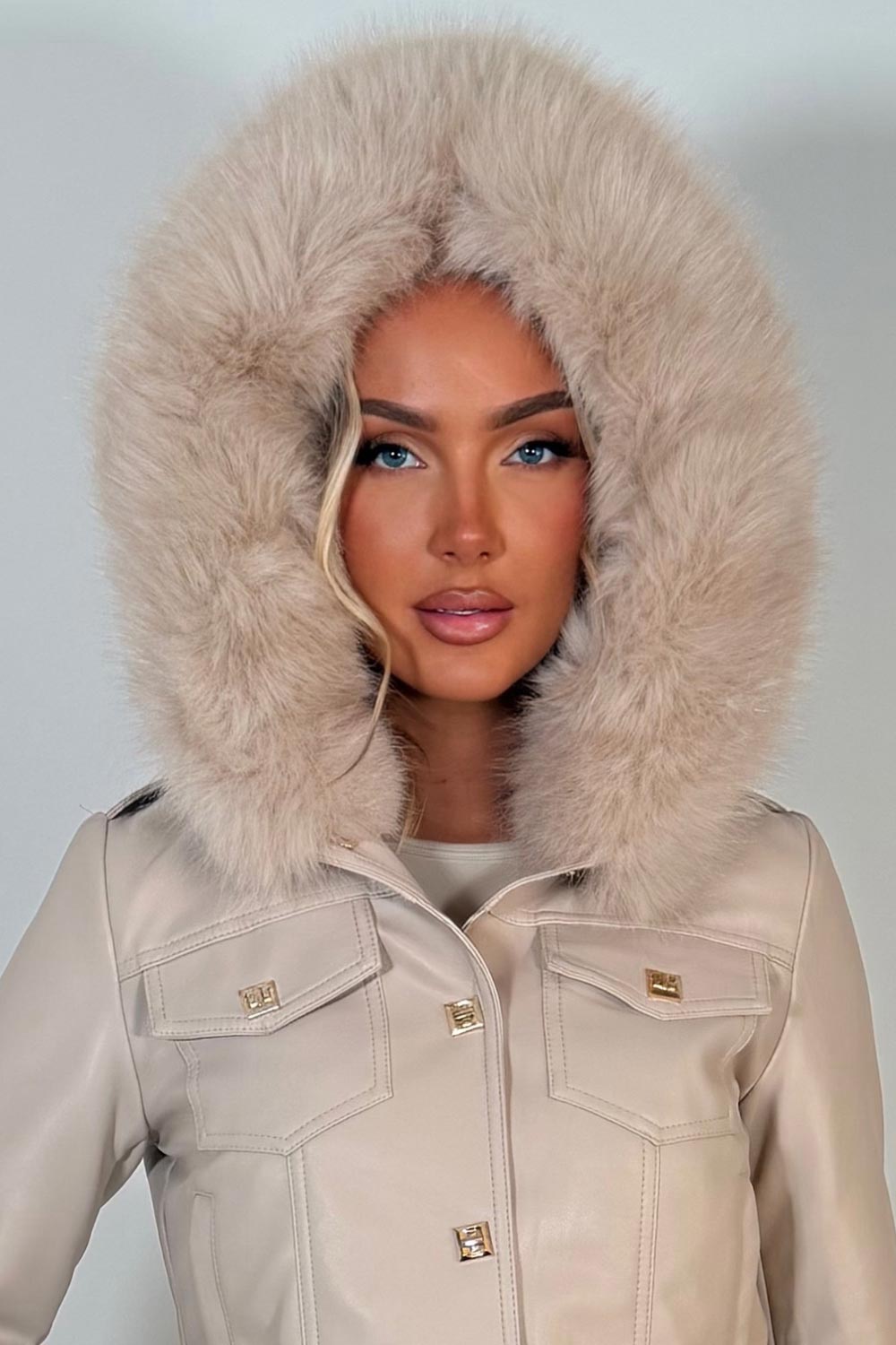 fur hood faux leather jacket with gold buttons styledup uk