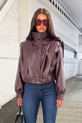 womens burgundy funnel neck leather effect jacket zara uk styledup 