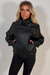 womens black faux leather funnel neck zara jacket uk