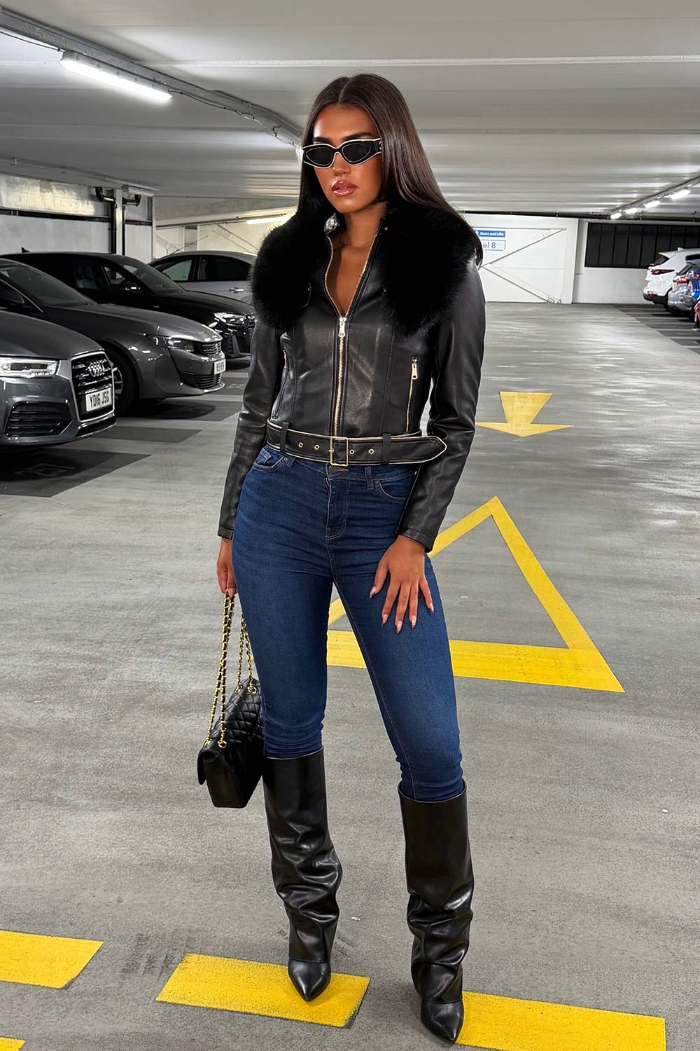 faux fur collar faux leather jacket with belt black styledup uk