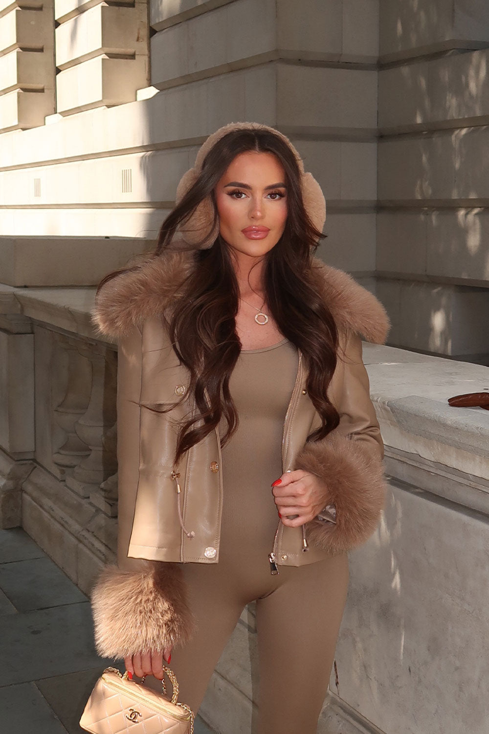 faux leather faux fur collar fur cuff jacket with drawstring waist styledup uk