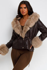 leather effect faux fur hood and cuff winter jacket with adjustable waist womens trendy outerwear styledup uk