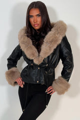 womens faux fur faux leather jacket with faux fur cuff winter christmas market outfit uk