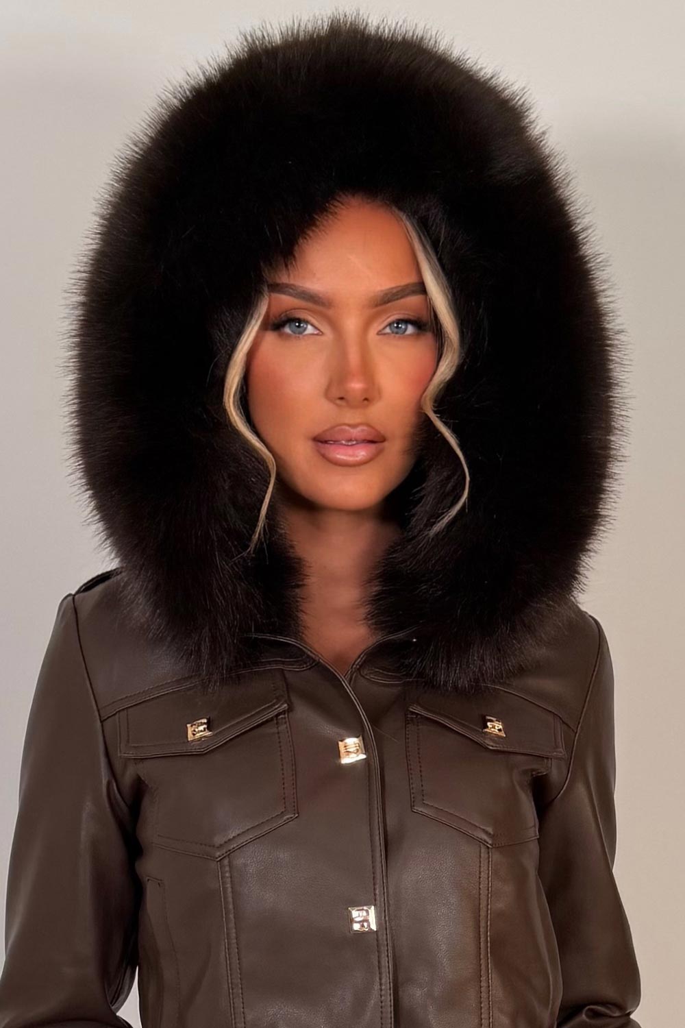 brown fur hood fur cuff faux leather jacket with gold buttons styledup uk