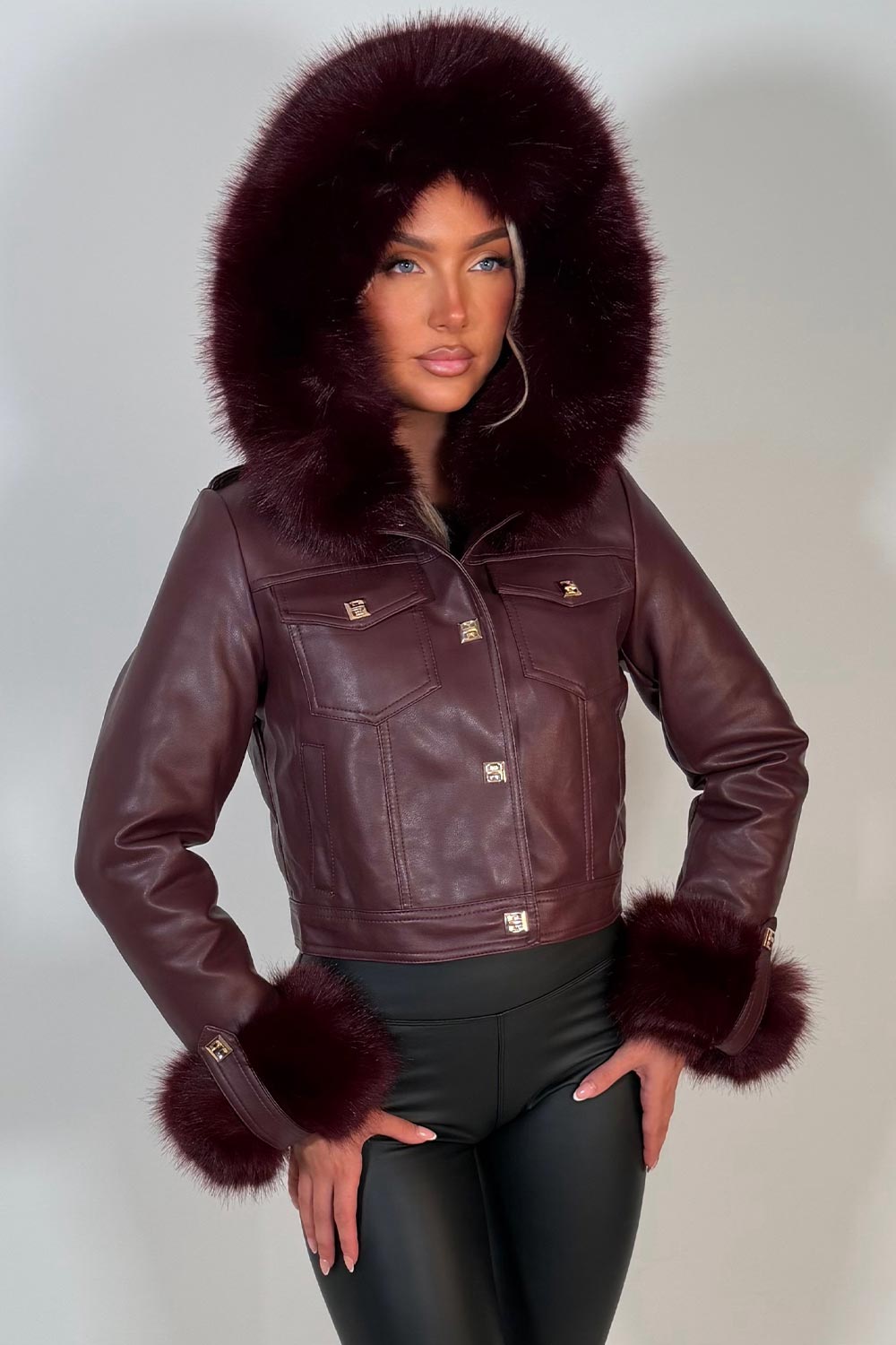 burgundy fur hood fur cuff faux leather jacket with gold buttons styledup uk