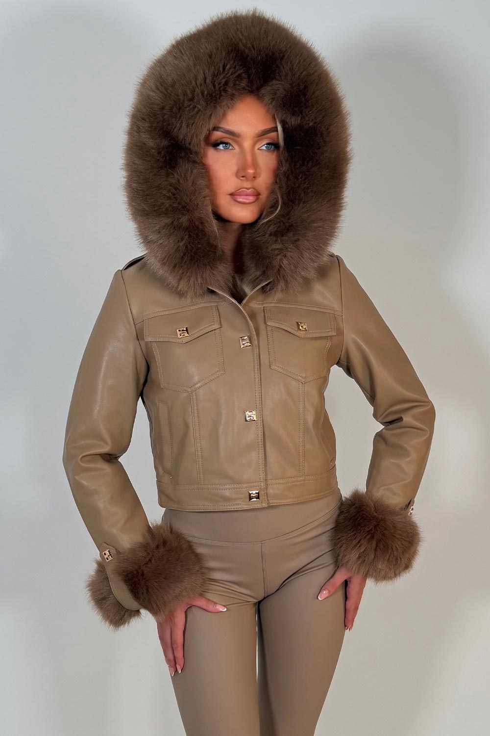 fur hood faux leather jacket with gold buttons styledup uk