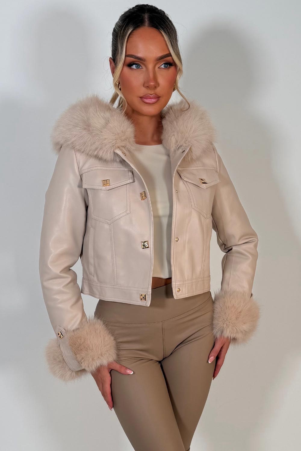 womens faux fur hood fau leather bomber jacket with gold buttons christmas party night out outerwear styledup uk