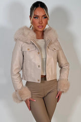 womens faux fur hood fau leather bomber jacket with gold buttons christmas party night out outerwear styledup uk