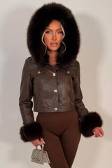 womens faux fur hood fau leather bomber jacket with gold buttons christmas party night out outerwear styledup uk