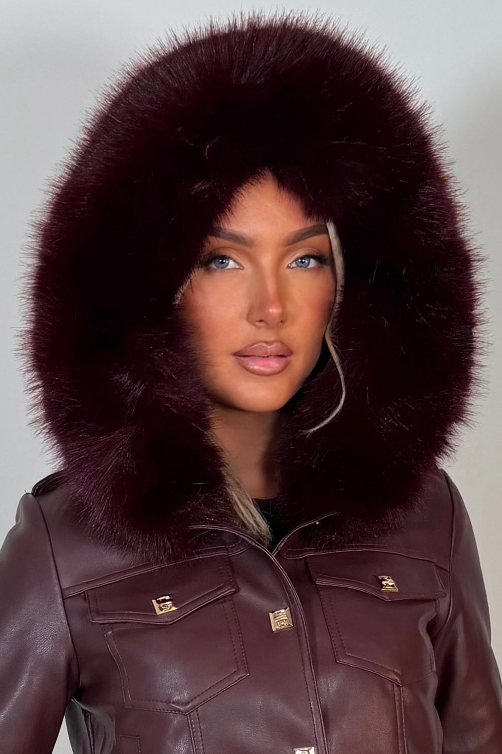 womens burgundy faux leather faux fur hood jacket with gold buttons styledup uk
