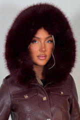 womens burgundy faux leather faux fur hood jacket with gold buttons styledup uk
