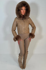 womens faux leather faux fur hood jacket with gold buttons styledup uk