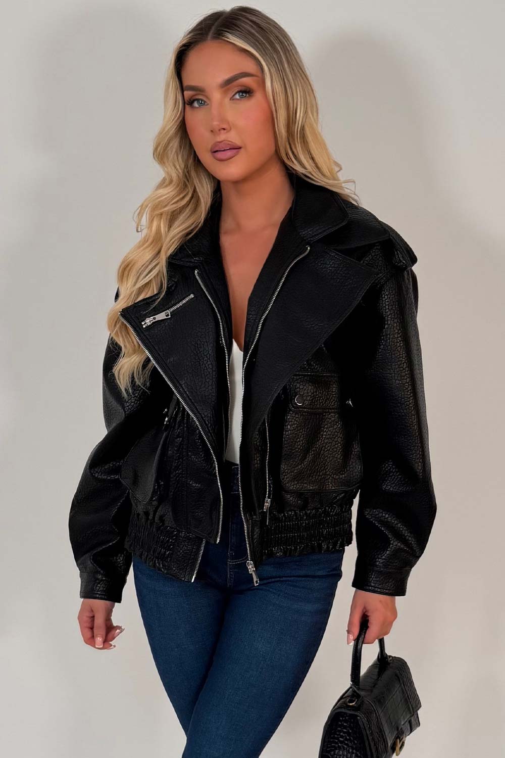 womens black leather effect bomber jacket styledup uk