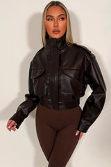 zara womens faux leather jacket with shoulder tabs and front pockets brown styledup outerwear 