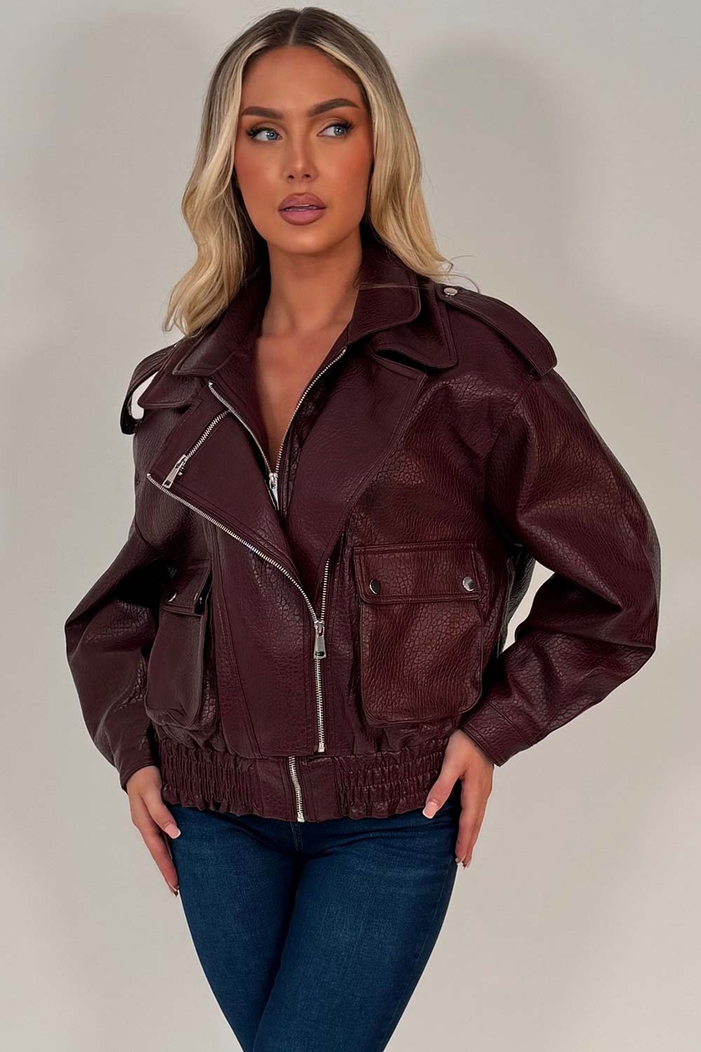 womens burgundy faux leather aviator bomber jacket styledup