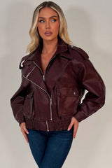 womens burgundy faux leather aviator bomber jacket styledup