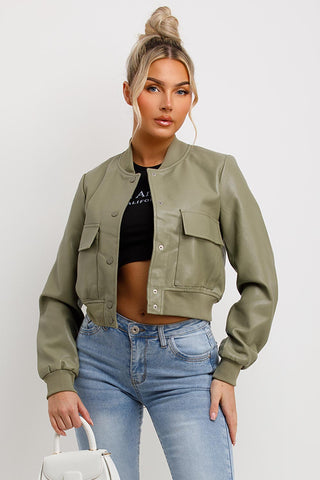 Women s Faux Leather Bomber Jacket Khaki Styledup