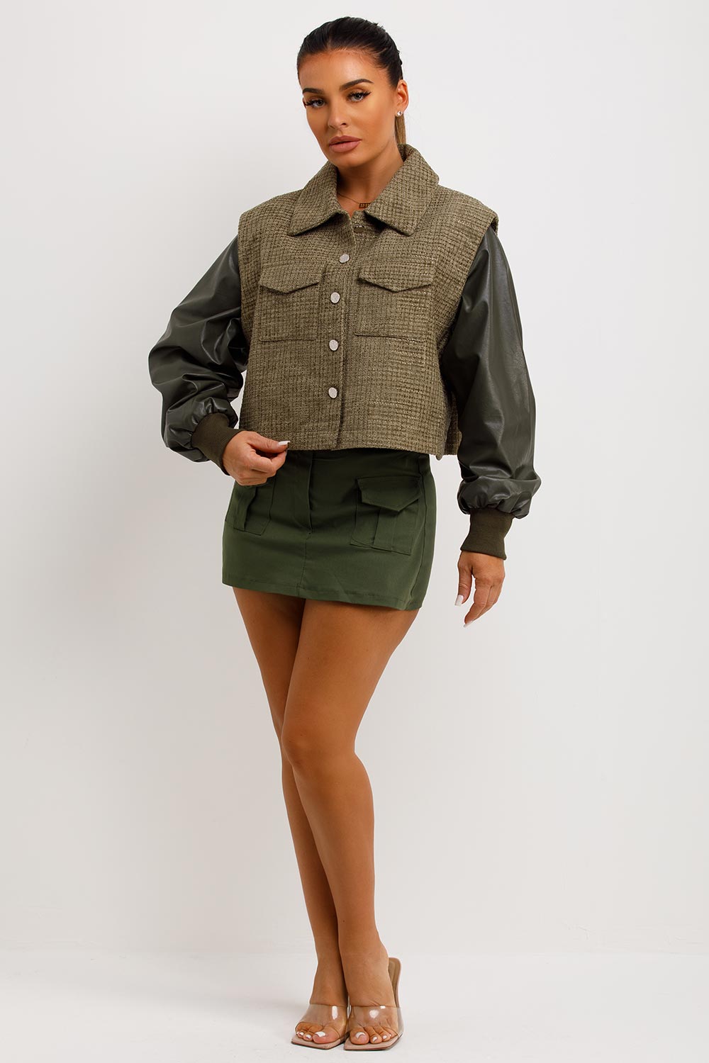 faux leather sleeve tweed jacket womens