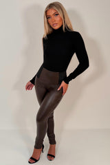 womens faux leather high waist snatched look leggings jaggings for tummy control uk