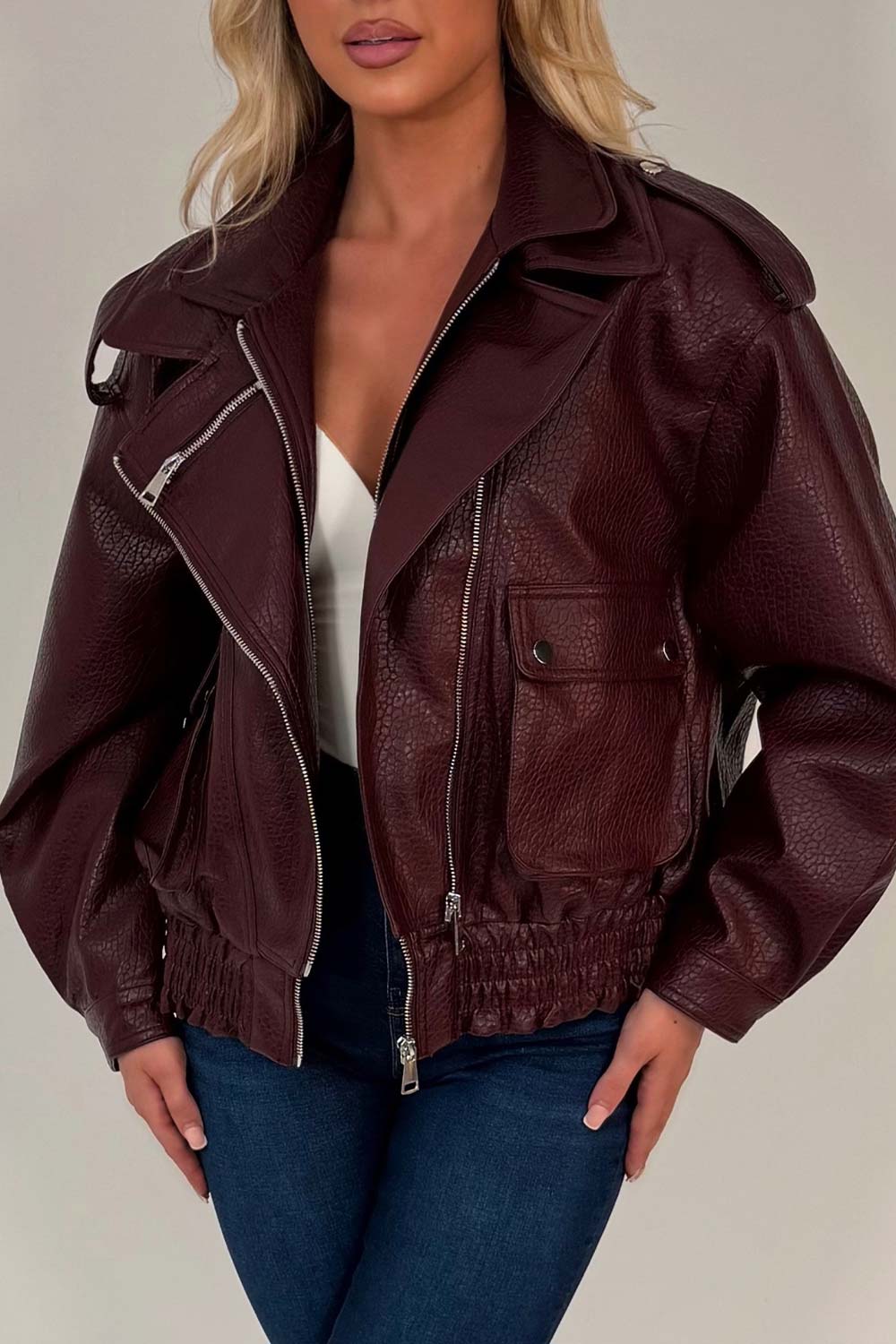 burgundy faux leather bomber jacket zara uk styledup 