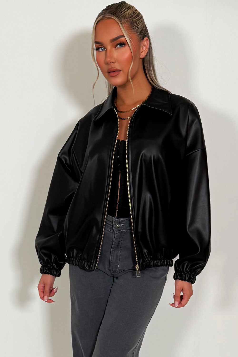 womens long sleeve vegan leather bomber jacket zara uk