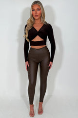 brown faux leather high waist leggings styledup